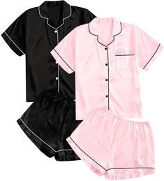 PRICES MAY VARY. CLASSIC DESIGN - These comfy loungewear set includes 2 button-down top and 2 pair of shorts. The satin pajama set is perfect for a luxurious and elegant loungewear look.The button-down top with notch-collar detailing and chest pocket exudes a classic and chic vibe, while the shorts with a soft elastic waistband provide comfort and ease of movement. HIGH QUALITY MATERIAL - Made from a blend of 95% polyester and 5% spandex, this loungewear set offers a comfortable and stretchy fee Silk Pjs Amazon, Pink Satin Pjs, Pajama Set Amazon, Matching Set Pajamas, Cozy Pajama Set, Pjs Baddie, Sleep Over Outfits, Matching Pjs Friends Birthday