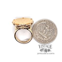 Five peso gold coin ring in 14ky gold — Vintage Jewelers & Gifts, LLC. Elegant Engraved Coin Rings, 14k Yellow Gold Filigree Ring, Victorian Style Gold Initial Ring With Round Shape, Gold Coin-shaped Engraved Ring, 14k Gold Hallmarked Filigree Ring, Yellow Gold Coin-shaped Hallmarked Rings, 14k Gold Coin-shaped Rings, 14k Stamped Yellow Gold Coin Ring, Gold 14k Signet Ring With Intaglio