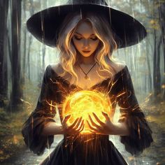 a woman in a witch costume holding a ball with fire coming out of her hands