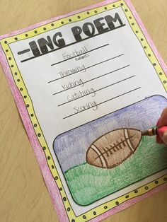 a hand holding a pencil over a paper with writing on it that says sing poem