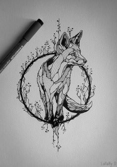 an ink drawing of a wolf in a circle