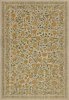 an intricately designed rug with orange flowers and green leaves on it's sides