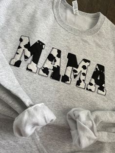 Mama Embroidered Cow Print Applique Sweatshirt Simple Mama - Etsy Cozy Long Sleeve Tops With Letter Embroidery, Gray Letter Embroidery Sweatshirt For Fall, Gray Winter Sweatshirt With Embroidered Text, Gray Embroidered Text Sweatshirt For Fall, Winter Cotton Sweatshirt With Lettering, Gray Embroidered Winter Tops, Cow Print Baby Stuff, Mama Cow Print, Appliqué Shirts