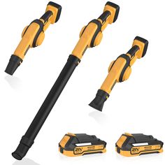 four different types of cordless screwdrivers and one is yellow with black handles