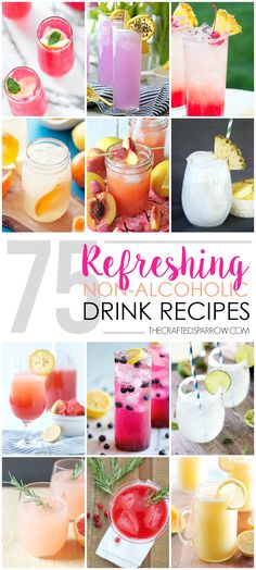 different drinks with the words refreshing drink recipes on it and pictures of lemons, watermel