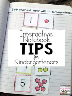 an open notebook with the title, interactive notebook tips for kindergreners