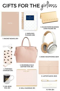 gifts for the girl boss in your life, including a pink purse and headphones