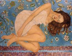 a painting of a woman laying down on a blue background with flowers and vines around her