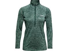 Under Armour Tech 1/2 Zip Twist Top - Women's Sweatshirt : Saxon Green/Translucent : All Under Armour Apparel features a tagless design or tear-away tag with no left-over pieces. You make all the right moves in this Under Armour Tech Zip Twist Top! Fitted fit is snug, but not tight, for next-to-the-skin support without the squeeze of compression. UA Tech fabric: • Lightweight poly in a supersoft knit. • Moisture Transport System provides quick-dry, moisture-wicking performance that moves perspir Half Zip Top, Under Armour Sweatshirt, Twist Top, Sport Bra Top, Under Armour Women, Black Metallic, Swimwear Tops, Girls Shopping, Bra Tops