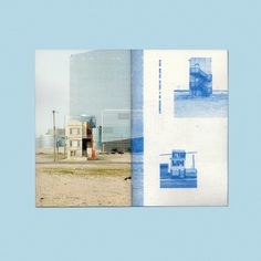 an open book with pictures of buildings in the background