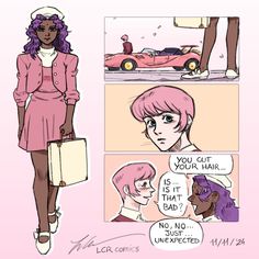 a comic strip with an image of a woman in pink dress and white shoes holding a suitcase