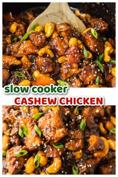 slow cooker cashew chicken in a skillet with the words slow cooker cashew chicken