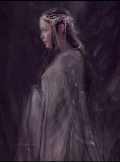 a painting of a woman with long hair wearing a crown and standing in the woods