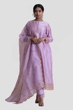 Shop for Brij Purple Chanderi Silk A-line Kurta Set for Women Online at Aza Fashions Sheer Pant, Yellow French, Sheer Pants, Silk Pant, Kurta Set For Women, Spring Roses, A Line Kurta, Silk Kurta, French Knot