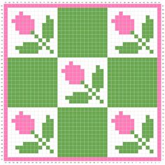 a cross stitch pattern with pink flowers on green squares