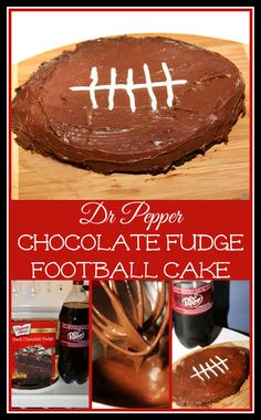 chocolate fudge football cake with white piping on top and the words dr pepper above it