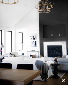 a living room filled with furniture and a fire place in the middle of a room