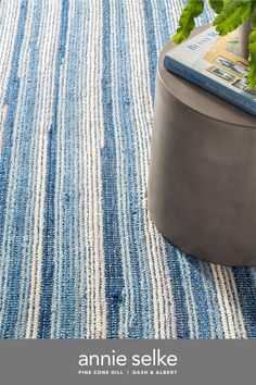 a blue and white striped rug with a plant on the floor in front of it