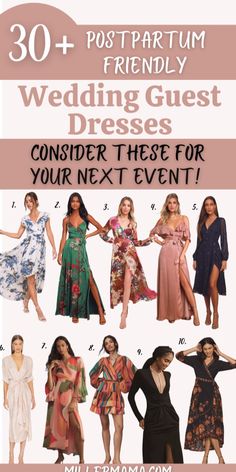 wedding guest dresses for your next event with the text 30 postpartum and friendly