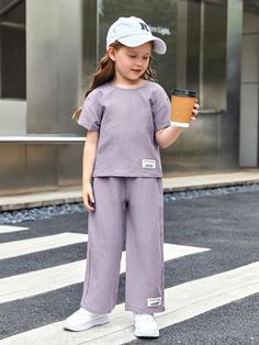 Dusty Purple Casual Collar Short Sleeve  Letter  Embellished Slight Stretch Summer Young Girls Clothing Shein Kids, Drop Shoulder Tee, Boys Set, Elegant Dresses Long, Dark Jeans, Toddler Girl Outfits, Kids Sleepwear, Girls Clothing, Casual T Shirts