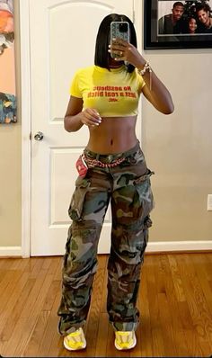 Rich Baddie Outfits, Yellow Outfits Black Women, Camo Skirt Outfit Black Women, Camo Outfits For Black Women, Baddie Boujee Outfits, Stylish Summer Outfits, Mia 3