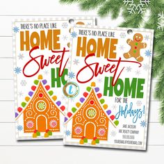 two christmas tags with gingerbread houses and snowflakes