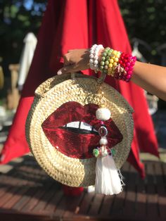 ***Tassel additional click here to purchase Straw Bag with Sequin Red Lips Red Polka Dot Wrapped Handles 12" Round Bags are handmade in Morocco. Irregularities in shape and size are normal * Handmade Red Bags Fashion Accessory, Red Tasseled Travel Bags, Red Beach Bag With Tassels, Red Travel Bag With Tassels, Round Bags, Round Straw Bag, Acrylic Bag, Serenity Blue, Textile Bag