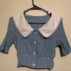 Dazy Blue Crop Blouse W Frill White Collar. New Without Tags; In Excellent Condition. Breathable Material; Size Xl. Cassie Auditioning For Oklahoma Vibes. Cleaned And Sanitized. Open To Offers :) I Typically Ship Items Within 1-2 Days But Please Allow Me 1 Week To Ship Out Your Order :) Blue Summer Tops With Collar, Casual Fitted Blouse With Cute Collar, Blue Collared Tops For Summer, Trendy Blue Top With Collared Neckline, Blue Summer Blouse With Collared Neckline, Blue Collared Neckline Summer Blouse, Blue Fitted Top With Collared Neckline, Blue Collared Blouse For Summer, Blue Fitted Blouse With Collared Neckline