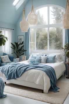 a bedroom with blue walls and white furniture