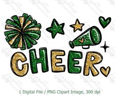 the word cheer with fireworks and stars on it in green, gold and white colors