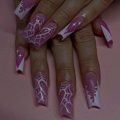 Halloween Press on Nails Long Fake Nails with Stars Hearts Spider Web Sweet Young Acrylic Nails Pink Flash White French Tip Stick on Nails Artificial Nails for Women Girls 24pcs Purple Acrylic Nails, Halloween Press On Nails, Unique Acrylic Nails, Nail Swag, White Nail, Pink Acrylic Nails, Nail Arts, Art Tutorial, Valentines Nails