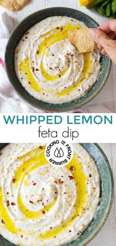 whiped lemon feta dip in a bowl