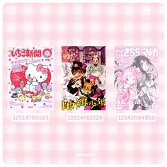 three different anime covers on a pink checkered tablecloth with white and black characters