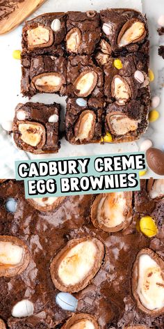 cadbury creme eggs baked into brownies with text overlay Cadbury Egg Brownies, Cadbury Cream Egg Desserts, Cadbury Egg Desserts, Easter Brownie Ideas, Cadbury Brownies, Cream Egg Brownies, Cadbury Egg Recipes, Cadbury Creme Egg Recipes, Easter Brownie