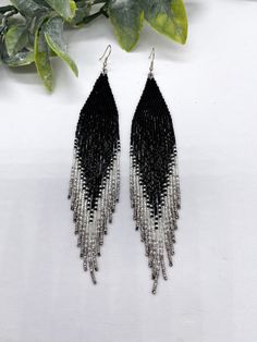 Black and Silver Beaded Earrings Boho Handwoven Seed Bead - Etsy Denmark Seed Beaded Earrings, Time 100, Earrings Unique, Beaded Fringe, Unique Gifts For Her, Glass Seed Beads, Seed Bead Earrings, Earrings Boho, Fringe Earrings