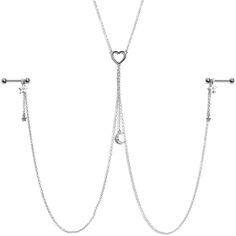 14 Gauge (1.6mm), 5/8" (16mm) Barbell Length, 316L Surgical Grade Stainless Steel Straight Barbells, 5mm Ball Ends, Lobster Clasp Closure, 14" (355mm) Necklace Length, 12" (305mm) Nipple Chain Length 14 Gauge 5/8 Clear Gem Moon Heart Star Nipple Chain Necklace You're going to love this necklace to nipple chain to the stars and back! It features a 14" length necklace that has an openwork heart charm at the center. The heart has three lengths of matching chain dangling from it. The center one is 2 Vch Jewelry, Mike Core, Body Jewelry Diy, Piercing Ring, Length Necklace, Blue Gems, Moon Charm, Body Piercing Jewelry, Stunning Necklace