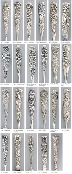 many different types of spoons are shown in this image, including one with an intricate design on it