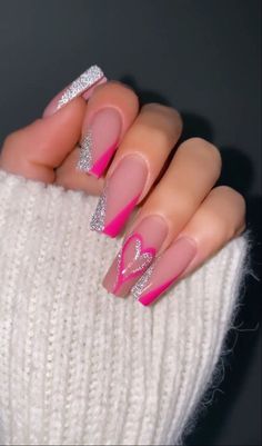 Vacation Nails Heart, V Tip Nail Designs, Pink Nails Ideas Coffin, Pink V Nails, Yellow And Pink Acrylic Nails, Simple Pink Nail Designs Short, V Design Nails, Pink Arclyc Nail, V Nails Design