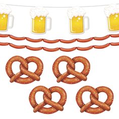 some pretzels and mugs of beer on a white background