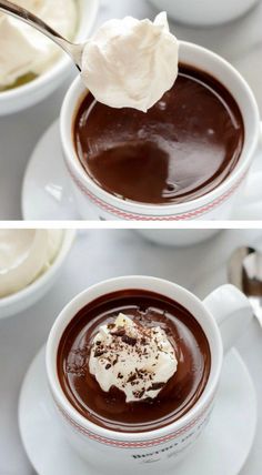 two pictures of hot chocolate with whipped cream on top