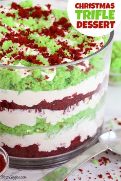 a christmas trifle dessert with green, red and white frosting