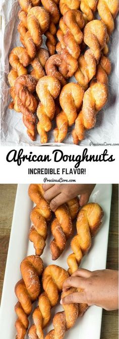 an image of different types of doughnuts on a white platter with the words african doughnuts incrediblely flavored