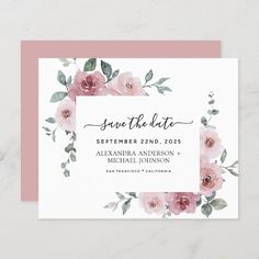 save the date card with pink flowers and greenery