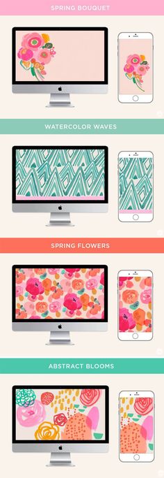 four different types of wallpapers with flowers on them and the words watercolor waves above