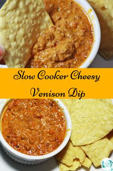 slow cooker cheesy venison dip with tortilla chips on the side