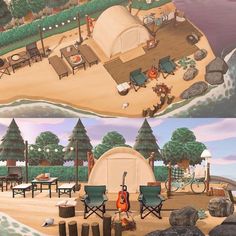 an artist's rendering of a camp site on the beach