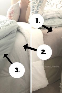 two pictures showing how to put pillows on a bed with the numbers 1, 2 and 3