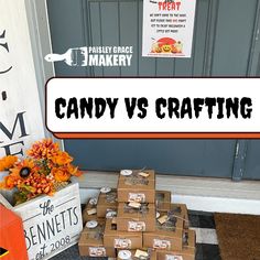 boxes stacked on top of each other in front of a sign that says candy vs crafting