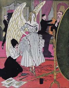 an illustration of a woman in a white dress standing next to a mirror and another man looking at her