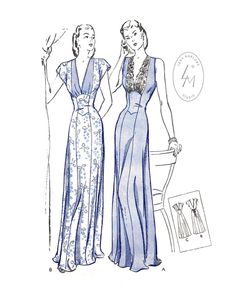 two women in evening gowns, one wearing a belt and the other holding a sign that says butterick